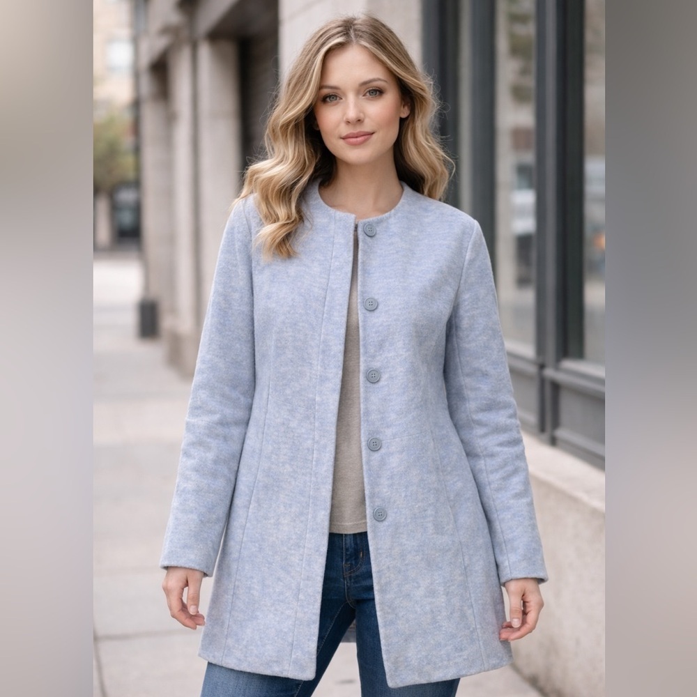 ZARA Wool Blend Felted Long Line Coat Light Blue Size Xs